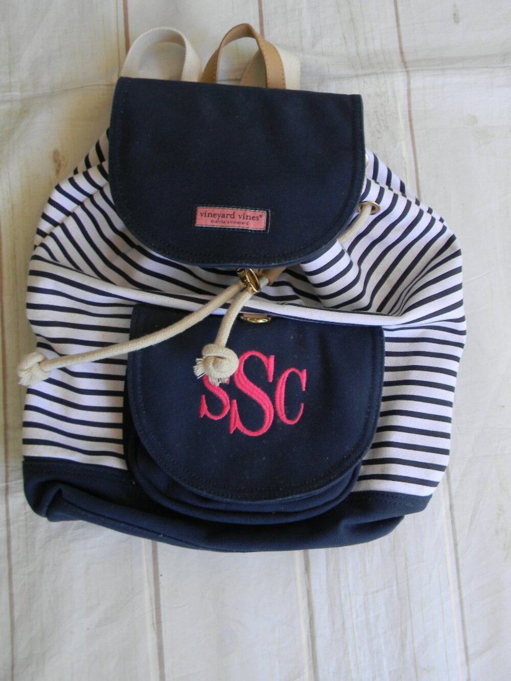 VINEYARD VINES BLUE/WHITE STRIPED LARGE BACKPACK **SELLING AS IS WITH MONOGRAM